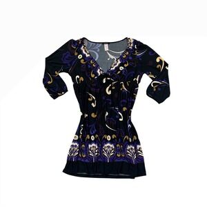 VTG 90s Whimsical black purple‎ gold V neck longsleeve dress large fairy